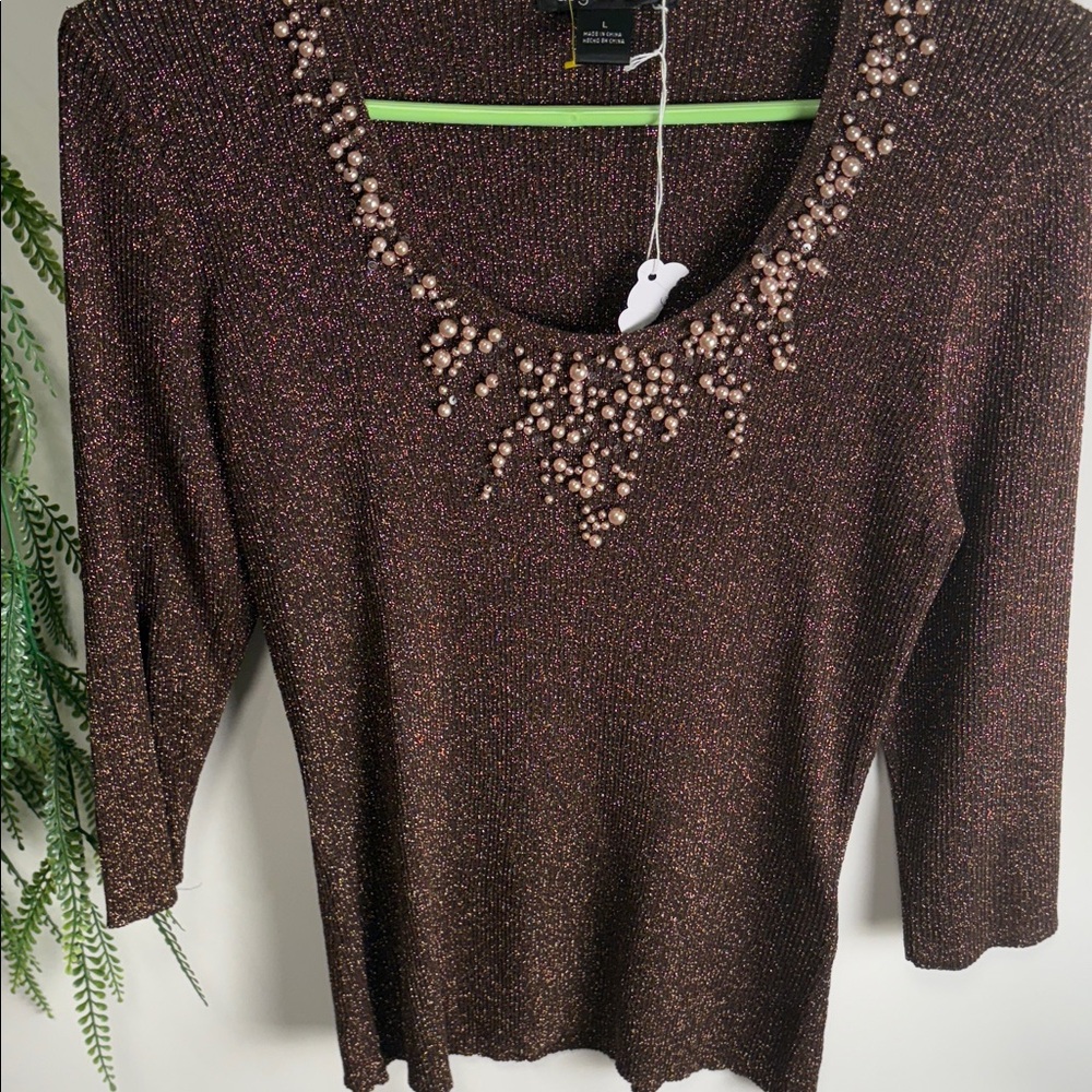 August Silk Brown Beaded Crew Neck Sweater